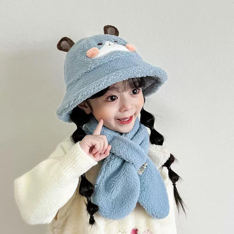 Children's Hat Scarf Two-piece Set Winter Girl Cute Rabbit Warm Basin Hat Boy Baby Winter Bucket Hat