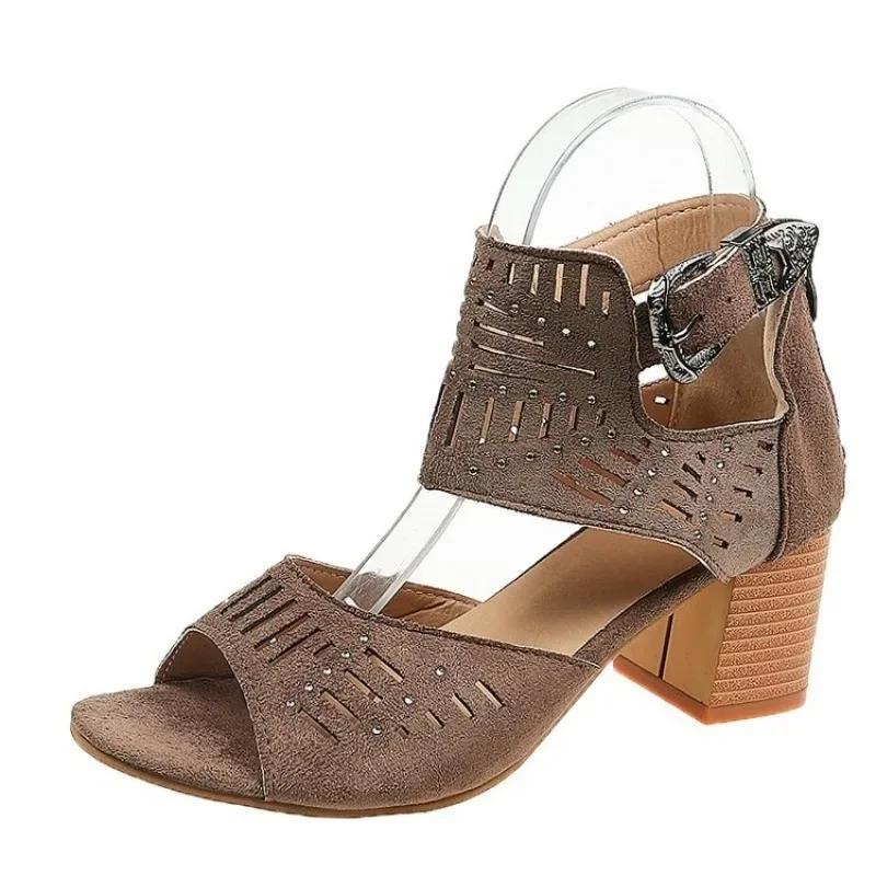 Sandalias de Verano para Mujer Zapatos Retro Cuero Mate Boca de Pez Hebilla de Cinturón Hueca Zapato Casual Tacón Alto Grueso Sandalias Talla 43