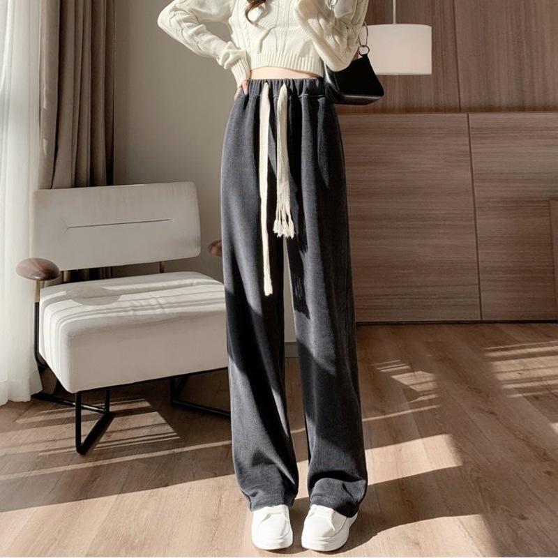 

Drawstring black wide-leg pants women s spring and autumn high waist drooping straight casual sweatpants lazy walking mopping sweatpants XXL fits 140-80kg темно-серого