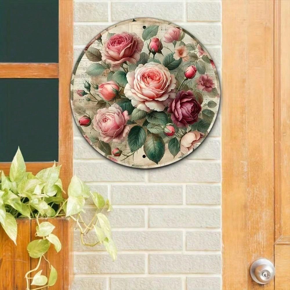 Vintage Floral Tin Sign 7.87 Inch Round Metal Wall Art, Retro Home Decor for Cafe Garage, Unique Party Gift