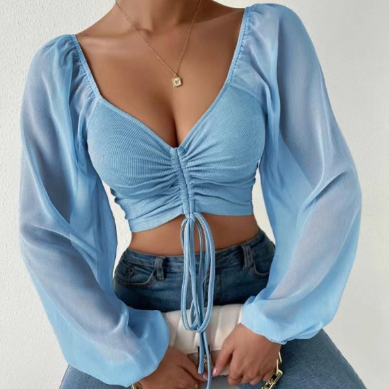 Summer New V-neck Drawstring Chiffon Blouse Women Vintage Lantern Sleeve Slim Fashion Sexy Women's Shirt Tops Elegant Solid Ladies Crop Blouse 25156