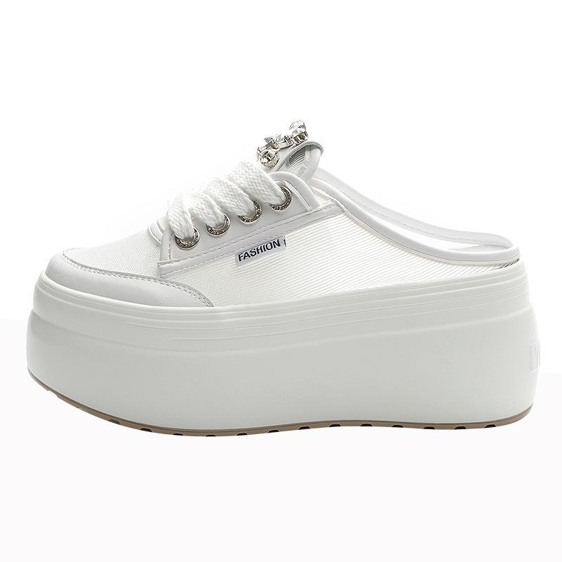 Baotou slippers women's shoes will be popular in 2025, breathable mesh yarn, rhinestone thick sole will increase by 8 cm, fashion trend is versatile