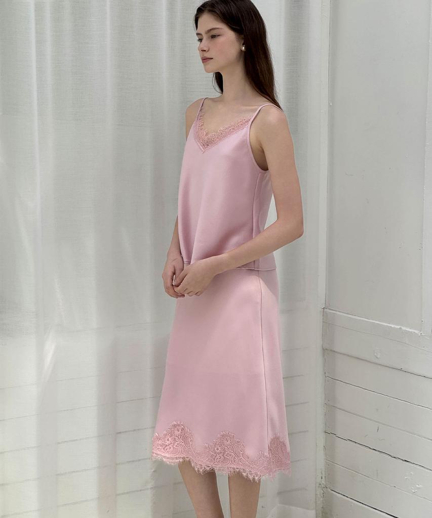 LAUTREDE MIN Lautre Lace Satin Flare Pink Skirt