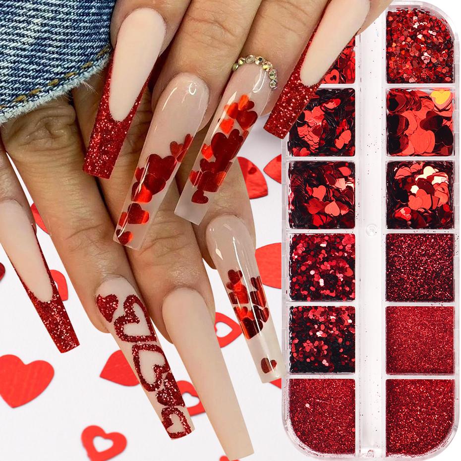 Xiaomi 12 Grids Red Reflective Nail Glitter Sequins Sugar Nail Powder Mixed Heart-shaped Sequins Design for Valentine's Day Nail Decor