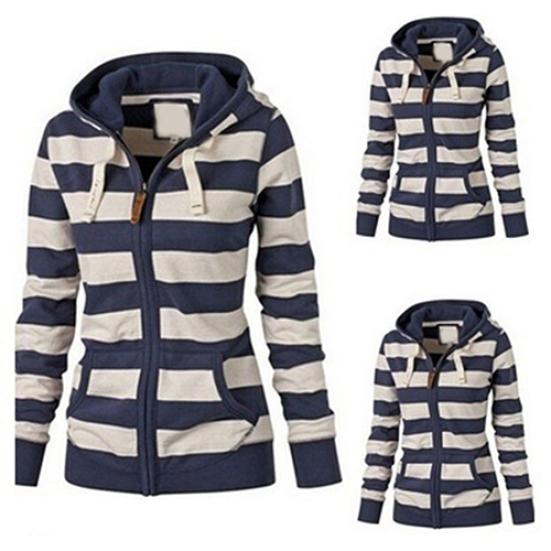 Felpa con cappuccio da donna autunnale casual a righe con cerniera e coulisse Giacca a vento Giacca Cappotto