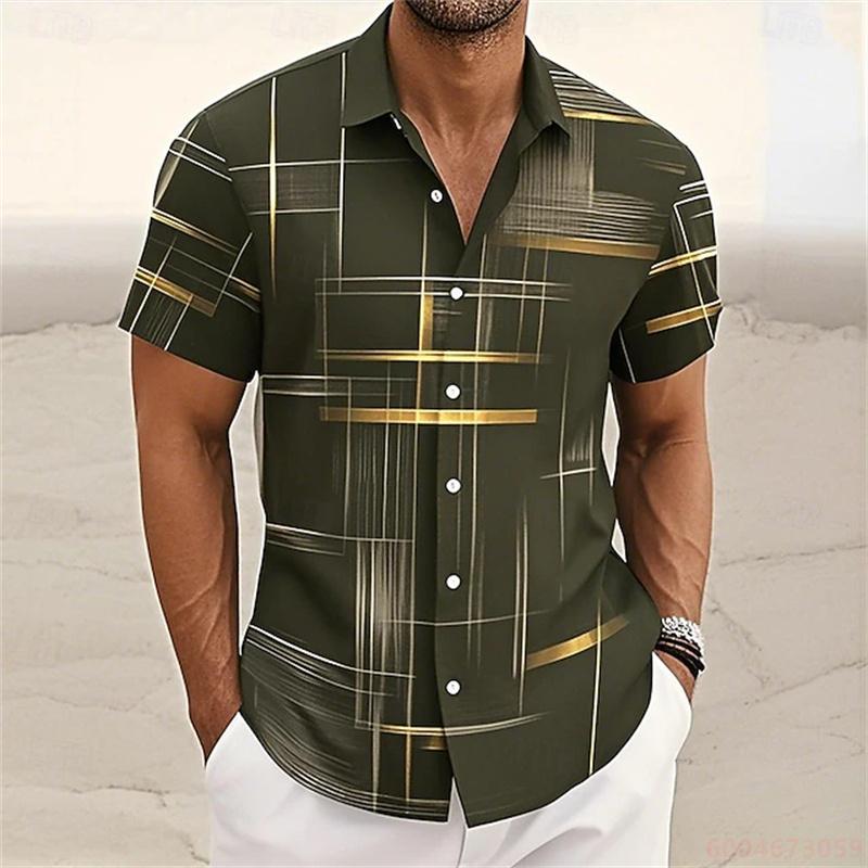 Camisa de Manga Corta con Estampado de Ola Degradado Negro y Dorado para Hombre 2026, Nuevo Top Casual de Verano, Camisa Hawaiana, Tejido Cómodo