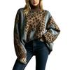 Damen Oversize Leopard Muster Strickpullover Lockerer Sitz Hoher Kragen Langarm Herbst Winter Oberteil