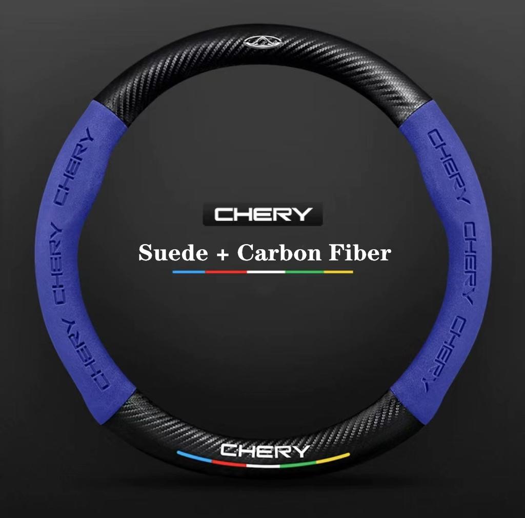 For Chery Tiggo 3 4 5 7 Pro 8 Plus Arrizo 7 GX 5x EQ7 Fulwin 2 Eastar A3 A5 Car 3D Logo Suede Carbon Fiber Steering Wheel Cover