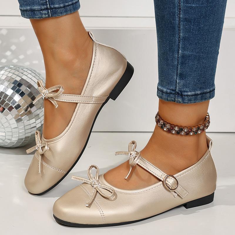 Fashion Fashion Bowknot Decor Flat Heel Mary Jane Shoes for Women Gold Silver Buckle Strap Lolita Shoes Woman Lightweight Comfort Flats