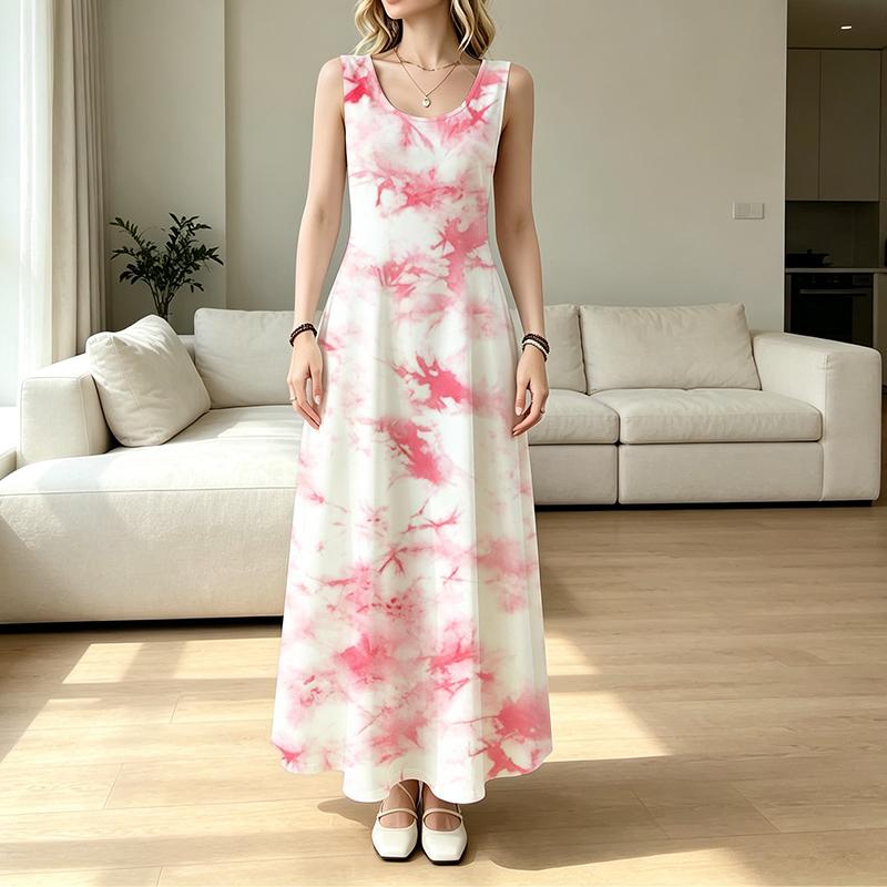 Women Sleeveless U Neck Maxi Dress,Pink Tie Dye Sundress,Abstract Splash Print,Summer Beach Dress