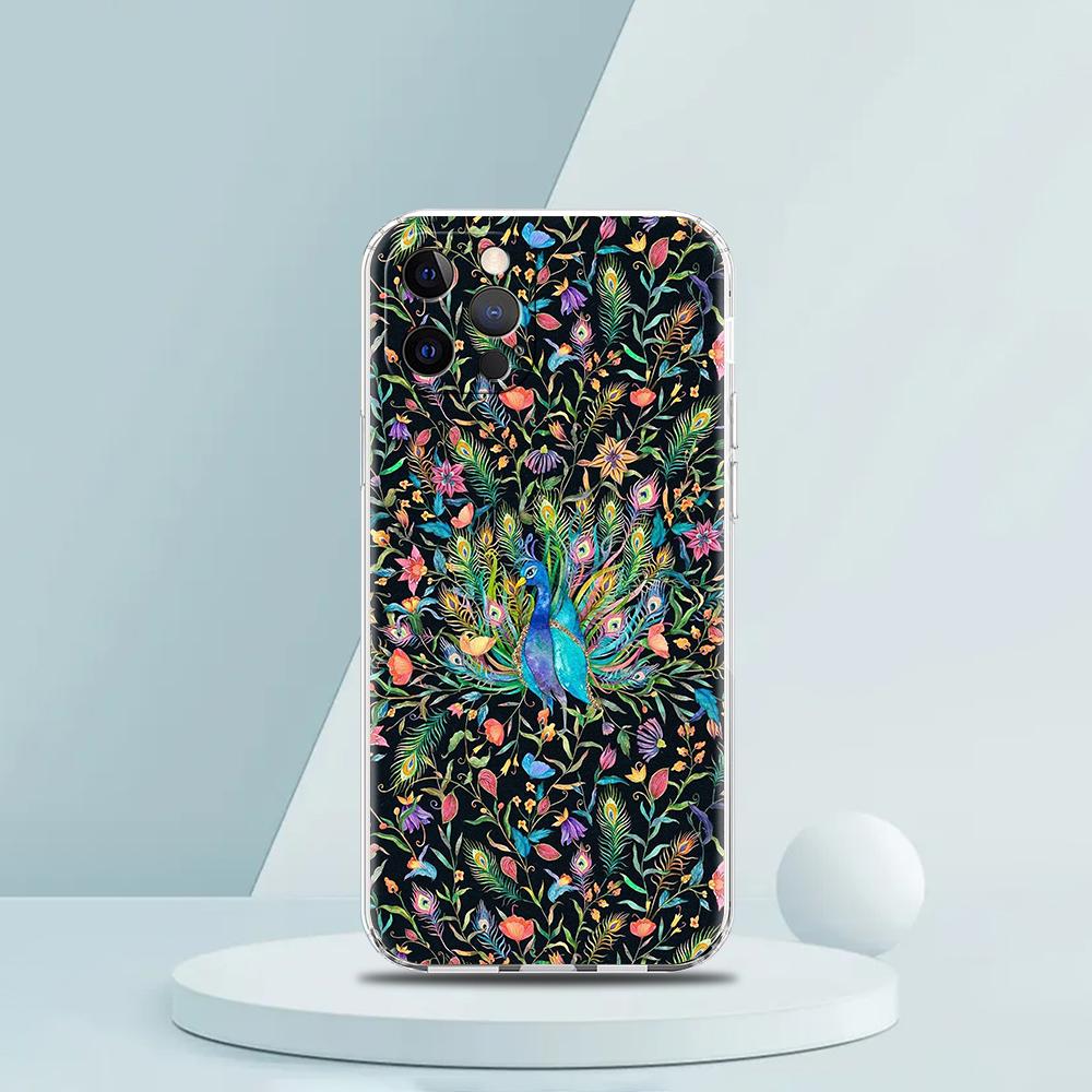 Soft TPU Transparent Phone Case Cover for iPhone 16 15 14 13 12 11 Pro Max XR 8 7 Plus XR Shell Animal Cute Peacock Pattern Bags