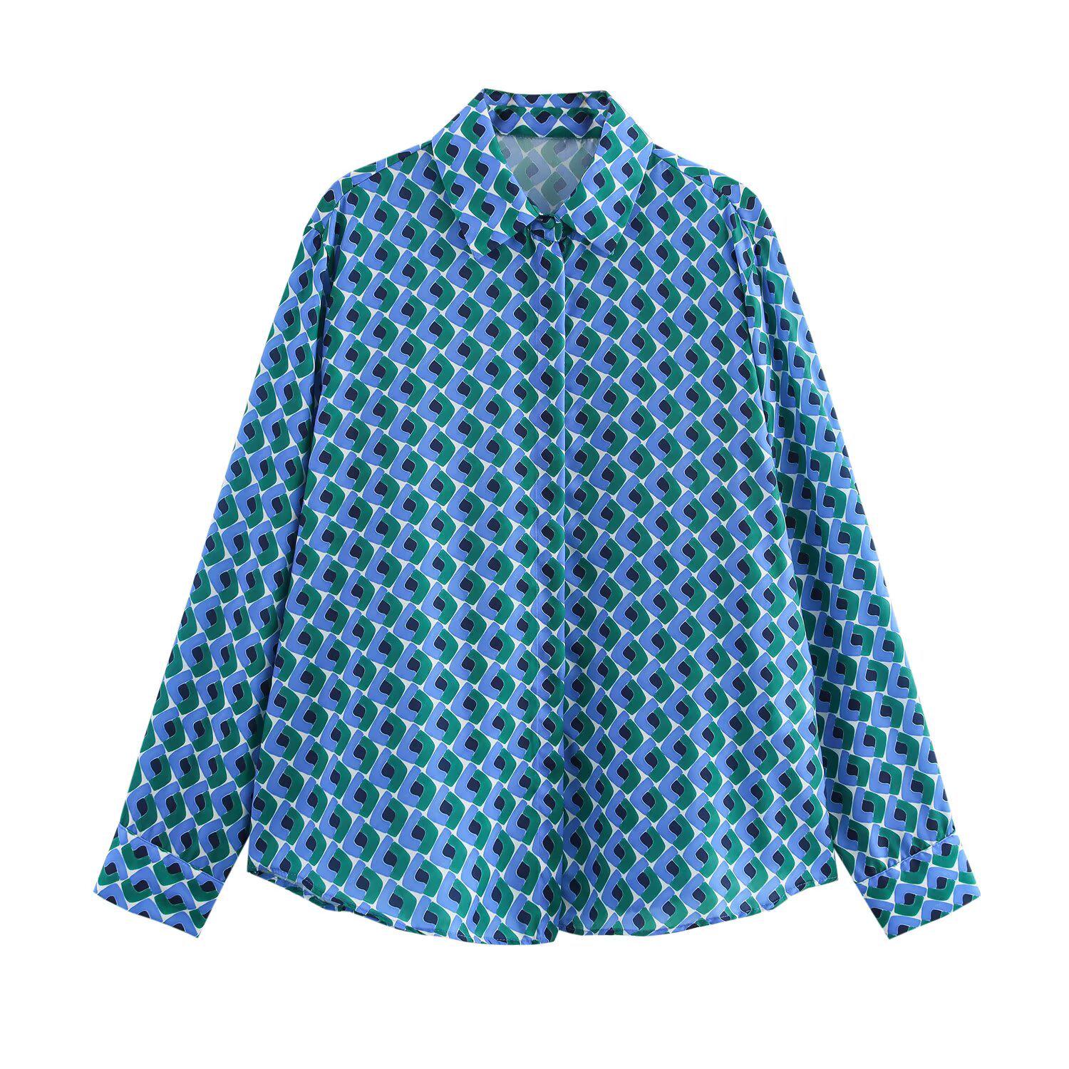 

2025 Spring Women s Loose Casual Geometric Silk Satin Shirt Extra Small синій