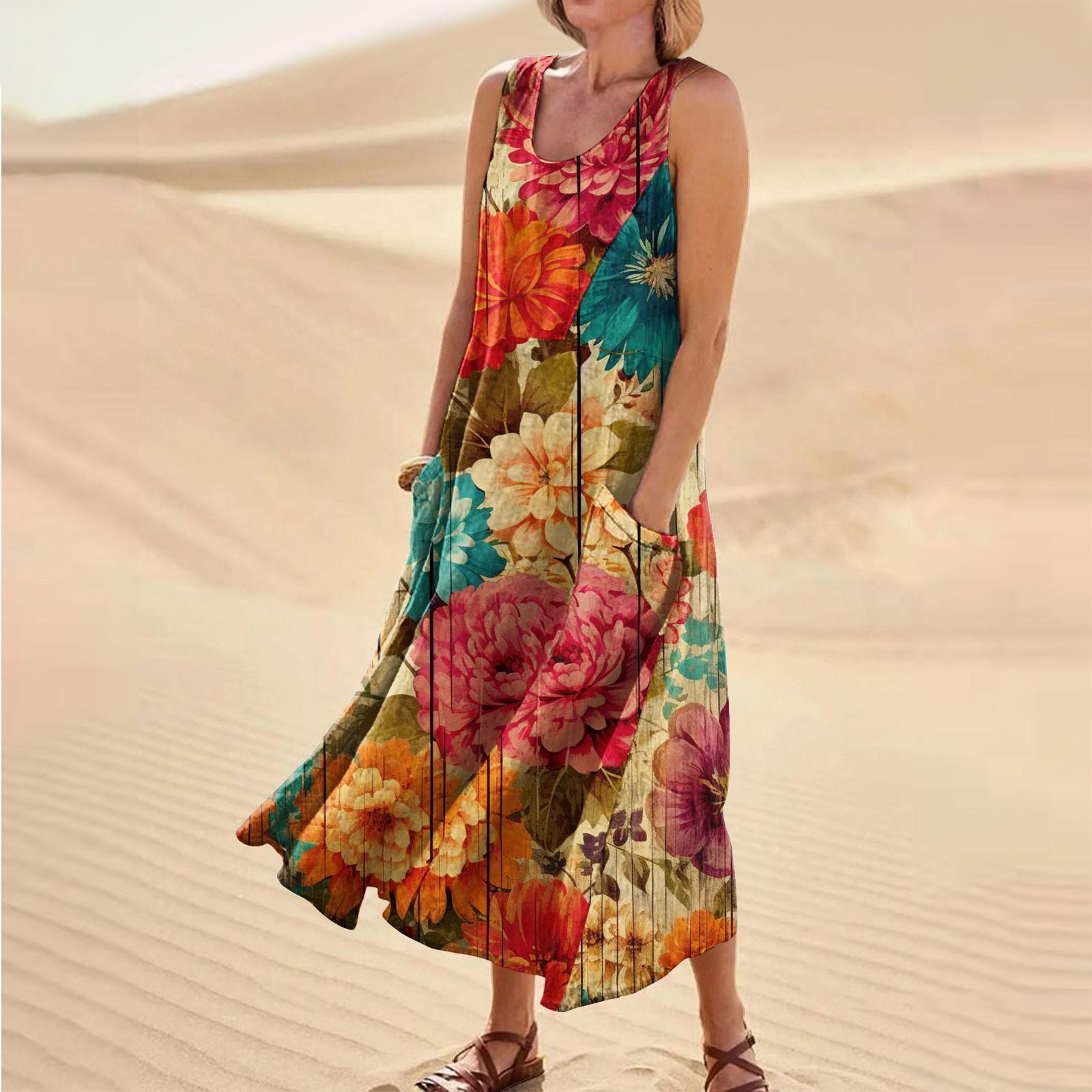 

Женское повседневное удобное карманное платье без рукавов с цветочным принтом XL киноварь