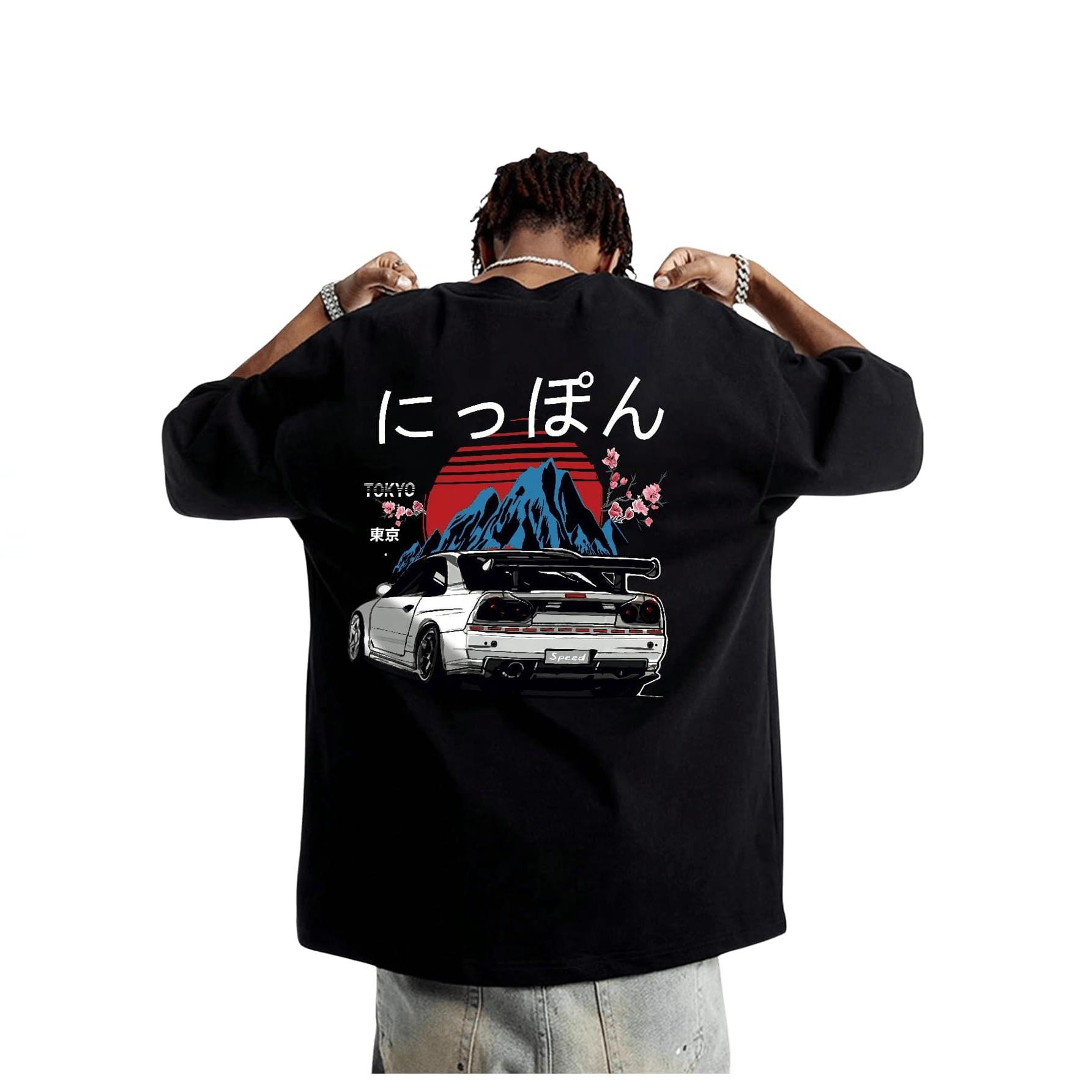 Men s Tokyo Inspired JDM Car Graphic Tee, Cherry Blossom & Mountain Streetwear Oversized T-Shirt L чёрный