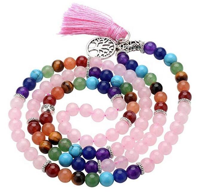 Natural Rose Quartz Prayer 6mm Beads 108 Mala Meditation Healing 7 Chakra Tree of Life Tassel Beaded Bracelets Necklace