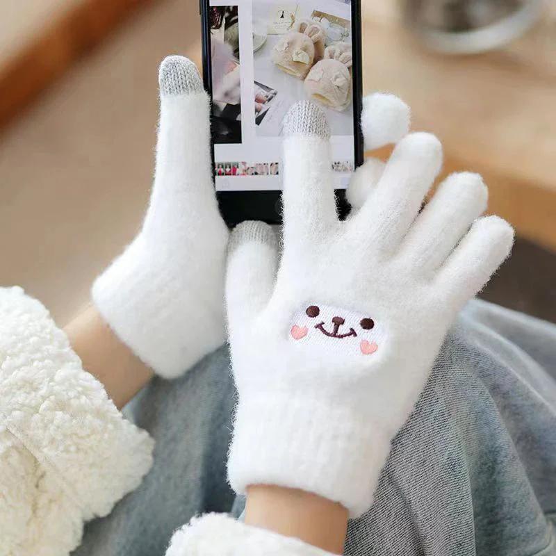 Kawaii Knitted Gloves Cute Cartoon Embroidered Bear Touchscreen Glove for Women Autumn Winter Warm Shopping Knit Soft Gloves
