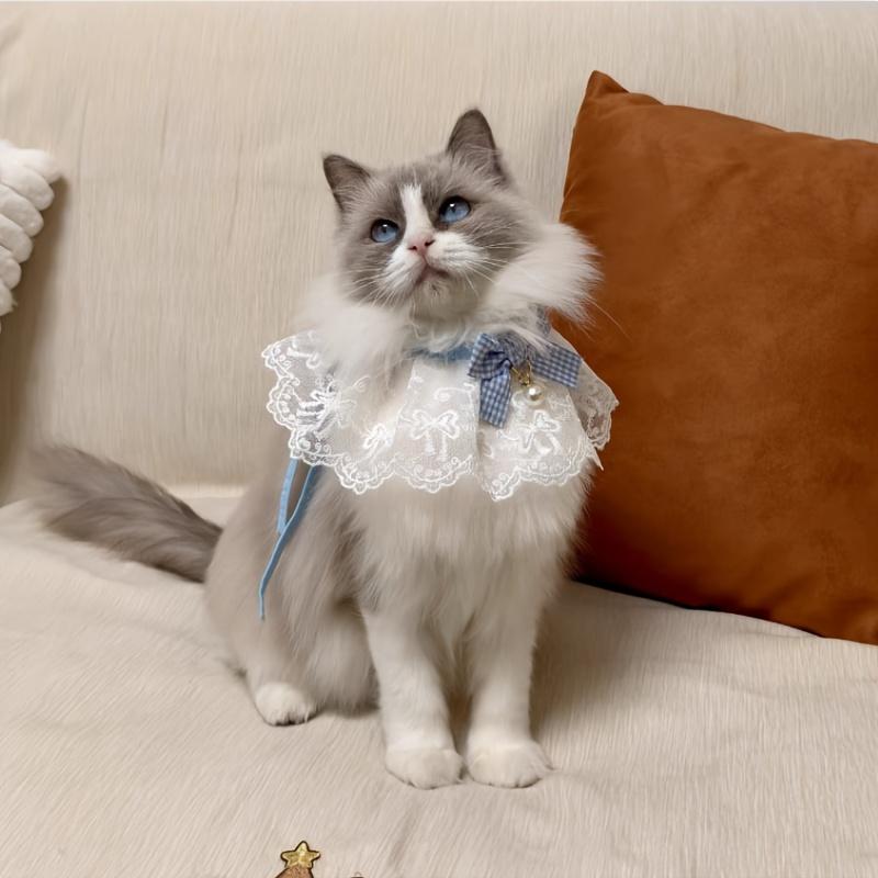 Pearl Bow Lace Pet Scarf, Checkered Adjustable Collar for Cats & Dogs, Party Photo Accessory