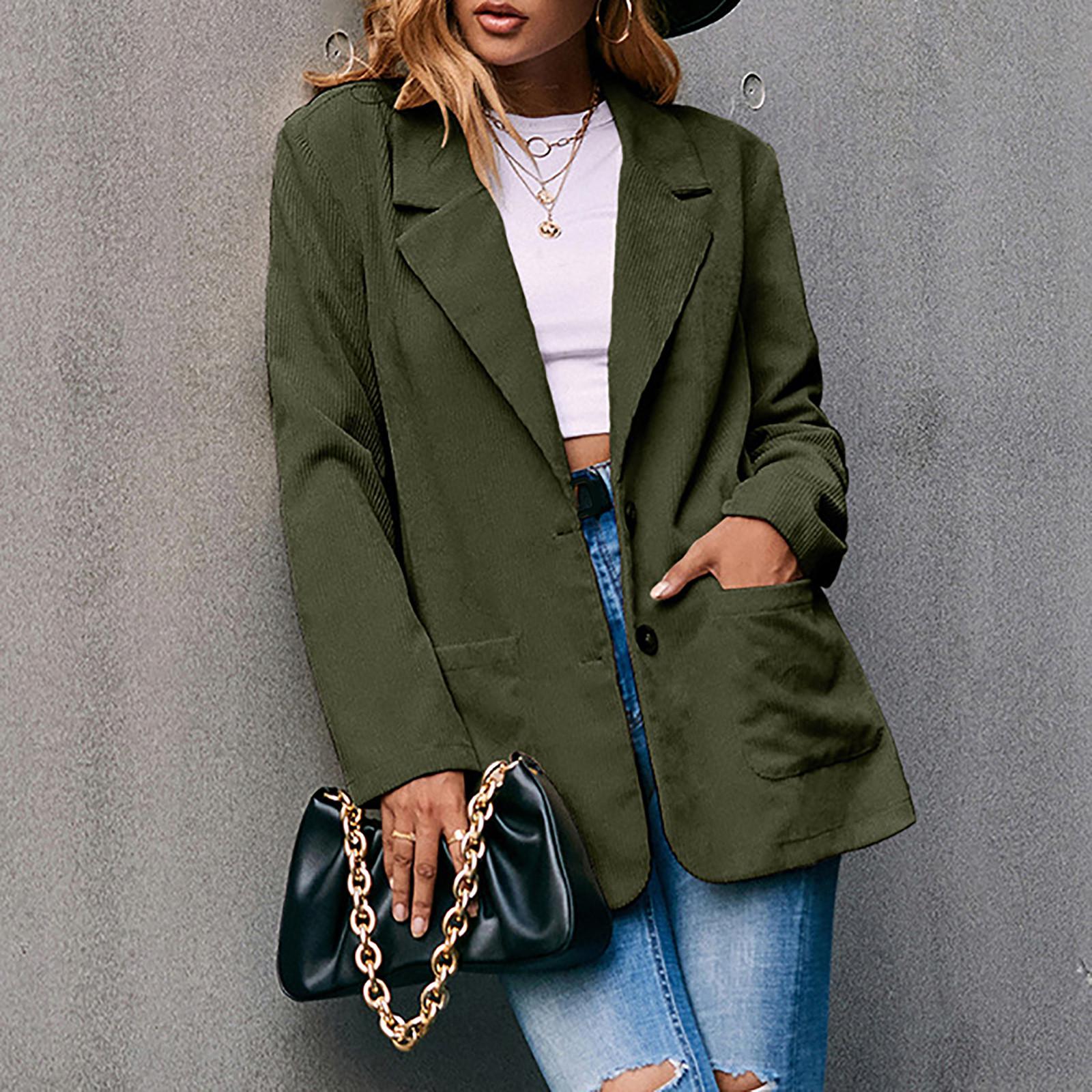 

Женская мода - Однотонное однобортное пальто-пиджак из вельвета с лацканами и длинными рукавами, с карманом L зелёный