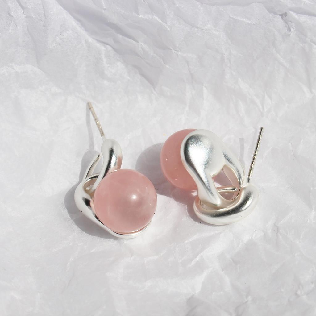 Original Glacier Pink Natural Stone Earrings Women'S Guochao Matte Silver New Chinese Stud Earrings Cold Earrings 05
