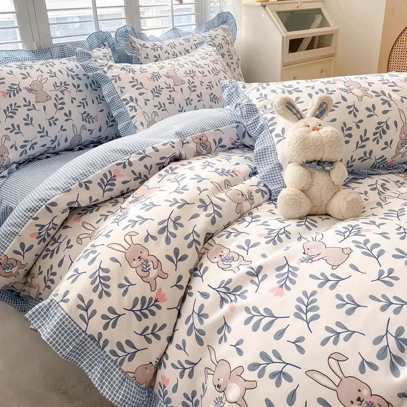 4pcs/set Printing Bedding Set Cute Bed Skirt Comfortable Duvet Cover Bed Sheet and Pillowcases Set Korean Princess Style Bedding