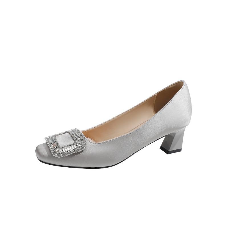 Rhinestone shallow middle heel shoes women's autumn thick heel square head high heels suede square buckle single shoes air cotton lining