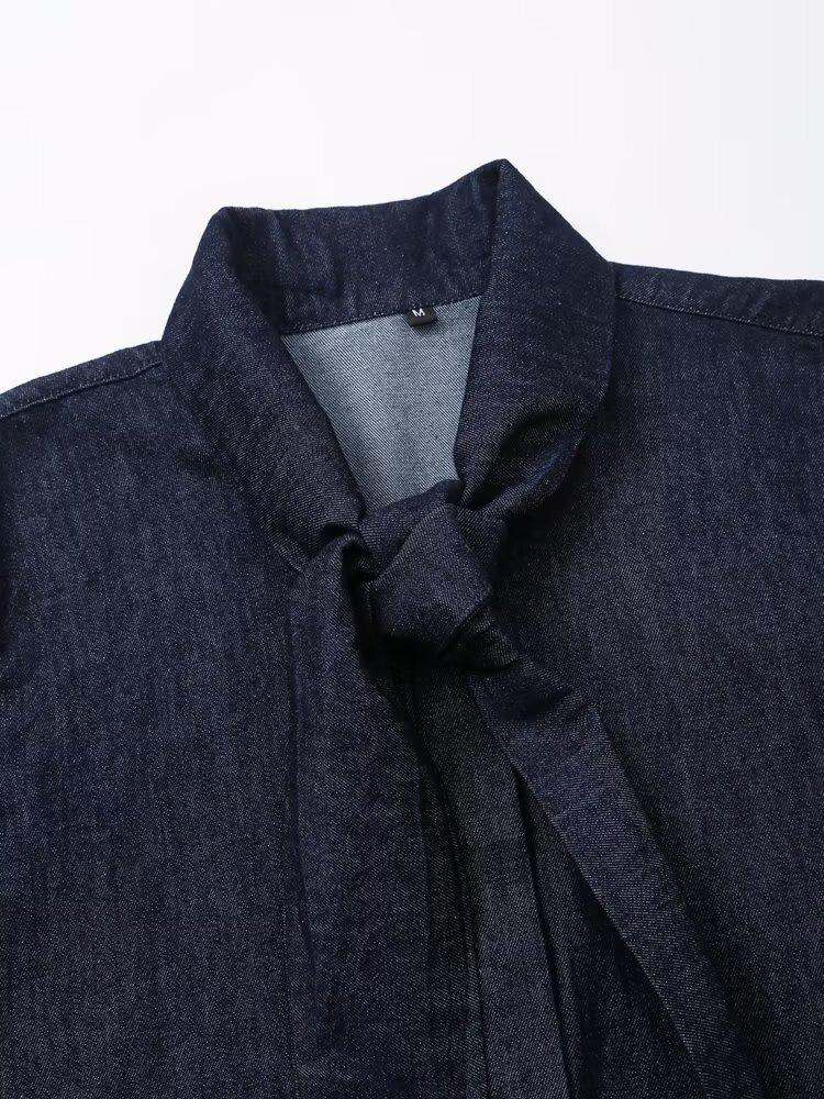 European & American Women's Casual Denim Bow Tie Lace-up Shirt with Wide-leg Pants - Early Autumn Fashion
