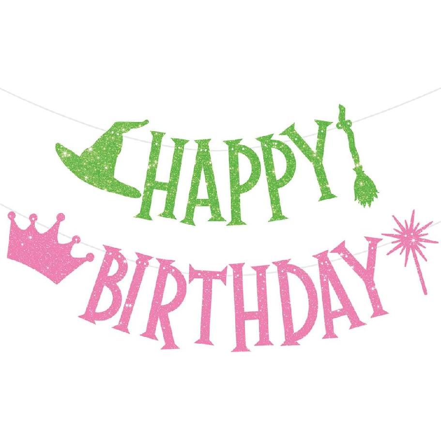Birthday Decorations Pre-Strung Glitter Witch Green Pink Happy Birthday Banner Girls Witch Themed Party Supplies Favors