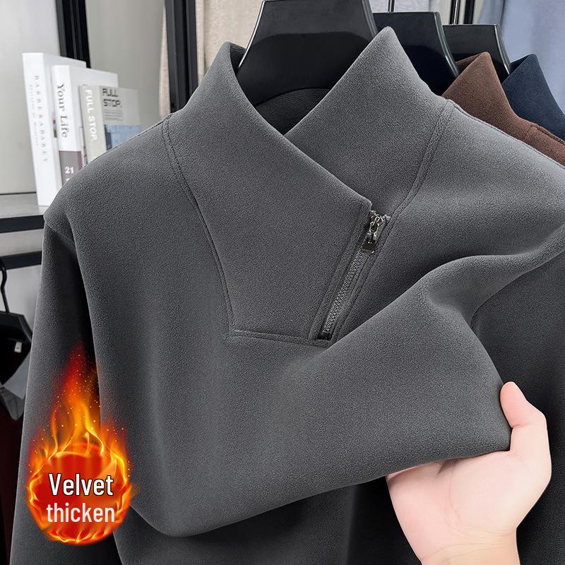 Men's Double-Sided Sherpa Fleece Hoodie, Half-Zip Stand Collar, Thickened and Warm Pullover Base Layer