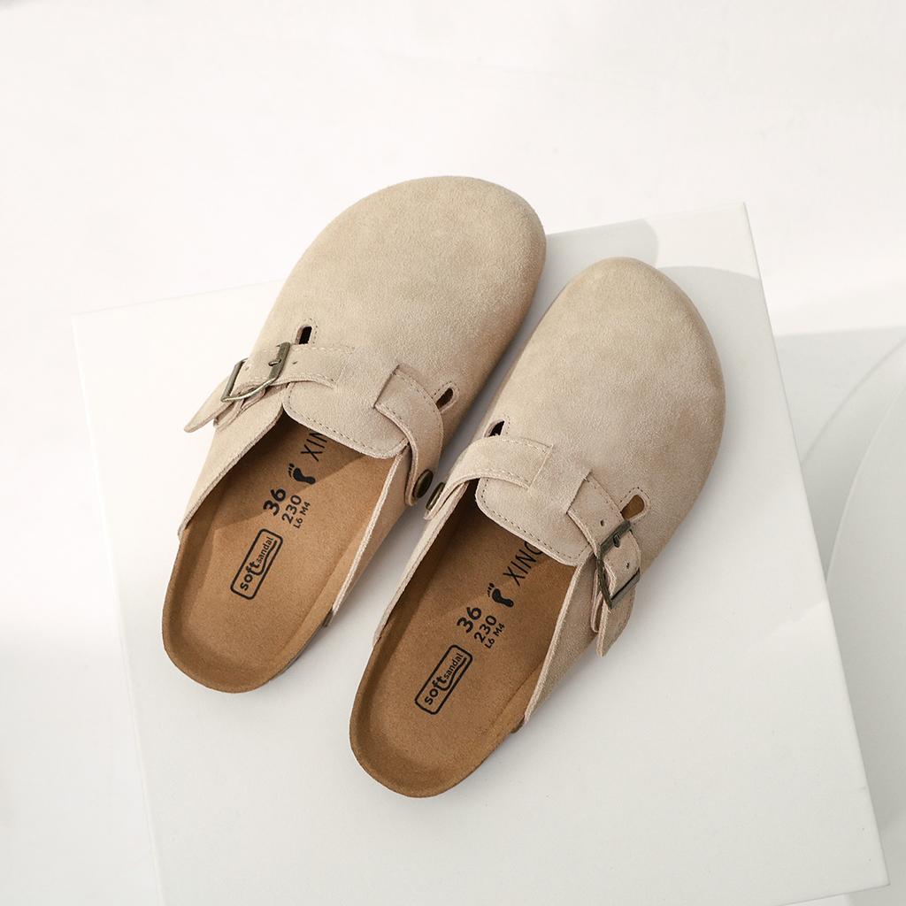 Cowhide version~ Birkenstocks women's leather cork heightened platform slippers fishing bag head half slippers Japanese Boken shoes