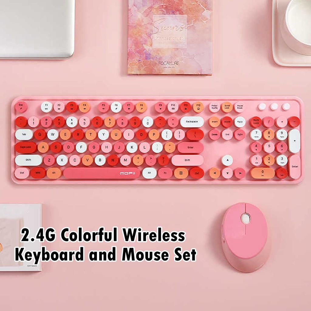 USB Wireless Keyboard and Mouse with Multicolor Round Cute Candy Compatible with Laptops and PCs 2.4G Typewriter-Style Keycaps, Colors, (Pink 2)