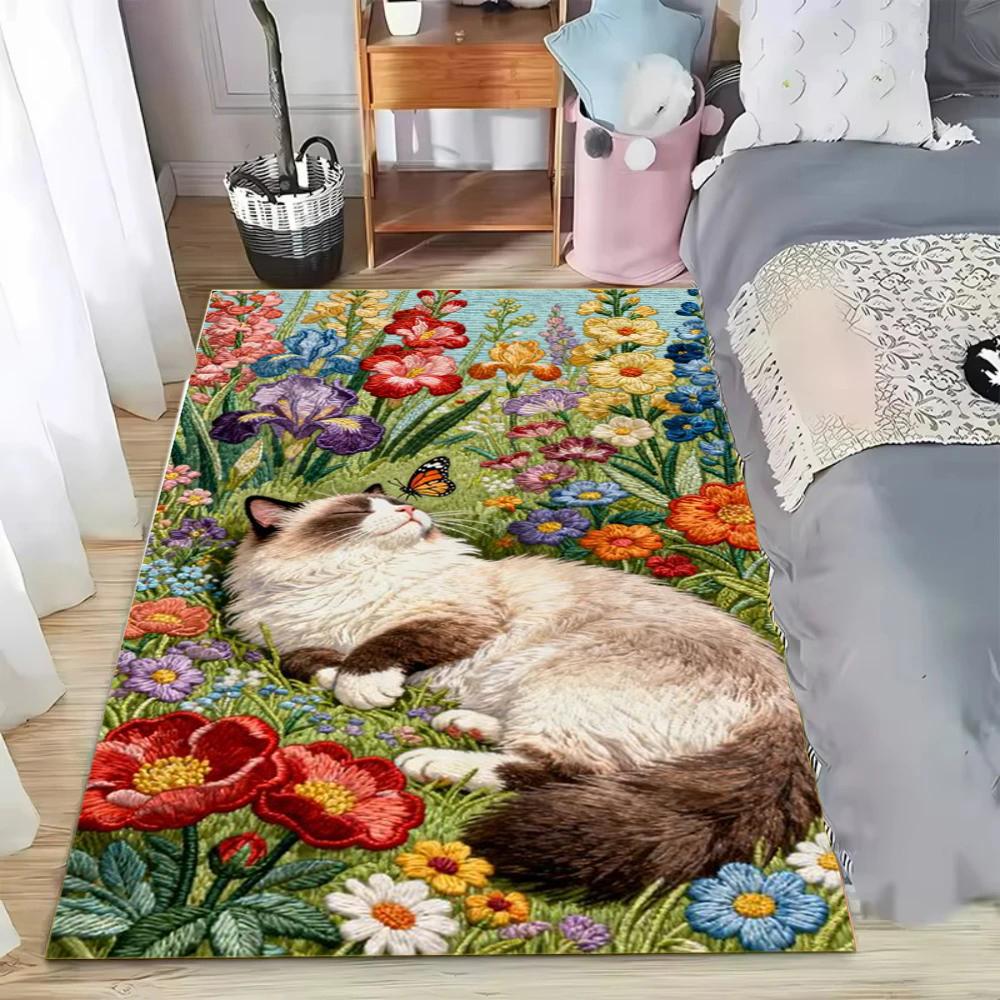 

Cat in Flower Garden Embroidery Area Rug Cute Pet Floral Carpet Non-Slip Washable Mat for Cat Lover Gift Bedroom Home Decor 40cm x 60cm