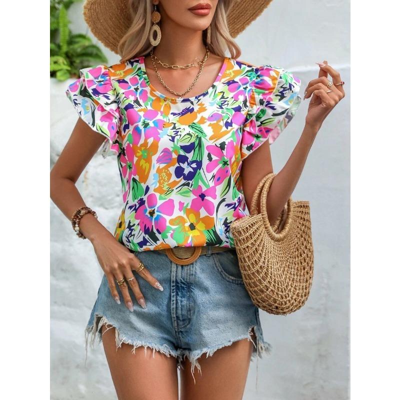 Dámská móda Ležérní Léto Jaro Květinový potisk Blůzy a košile s krátkým rukávem do O