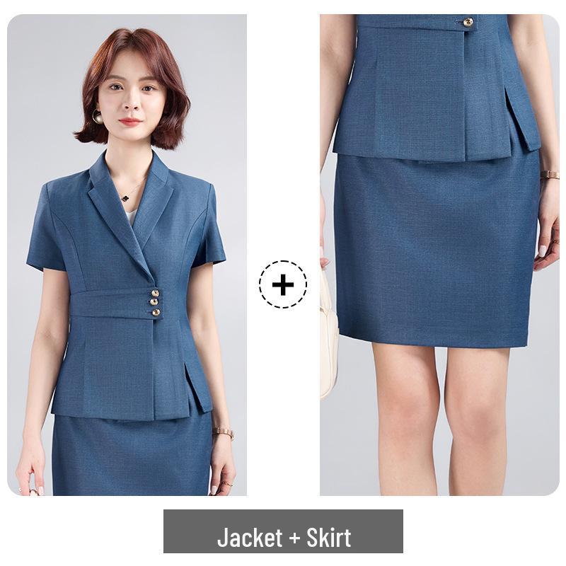 Ensemble jupe et veste à manches courtes gris - Uniforme professionnel pour réception d'hôtel, bureau, bijouterie