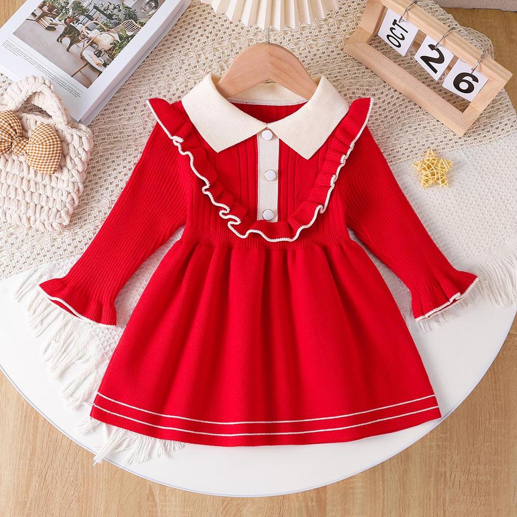 Children's Long Sleeve Knitted Princess Dress with Turn-Down Collar for Spring and Autumn