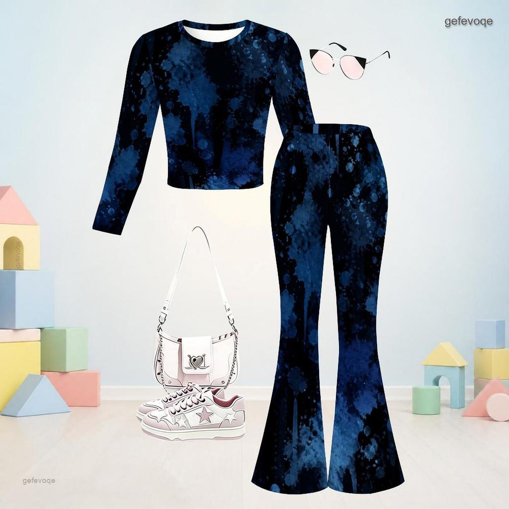 Girls Dark Blue Printed Round Neck Long Sleeve Crop Top Flared Pants Two Piece Set
