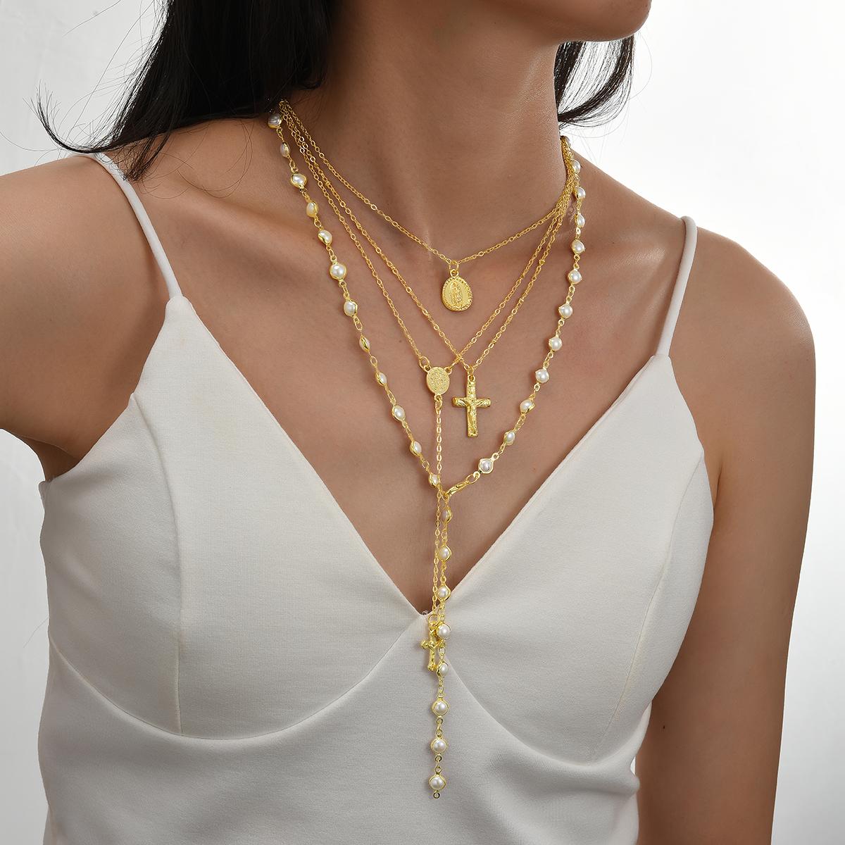 

Набір з 4 модних намист з хрестом та портретом, ювелірні вироби для жінок, трендові, блискучі, повсякденні, для вечірок, декоративний подарунок для неї