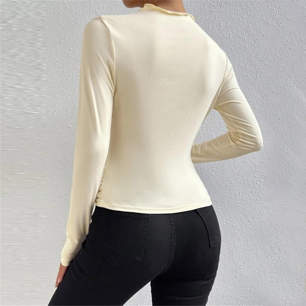 Women's Fashion Slim Versatile Pleated Solid Color Long Sleeve  Bottom  Down Shirt Sweatshirt Top