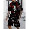 Dark Gothic Men's Set: Skull and Red Rose Print Short Sleeve Shirt and Shorts, Outdoor Street Cool Casual 2pcs Outfit
