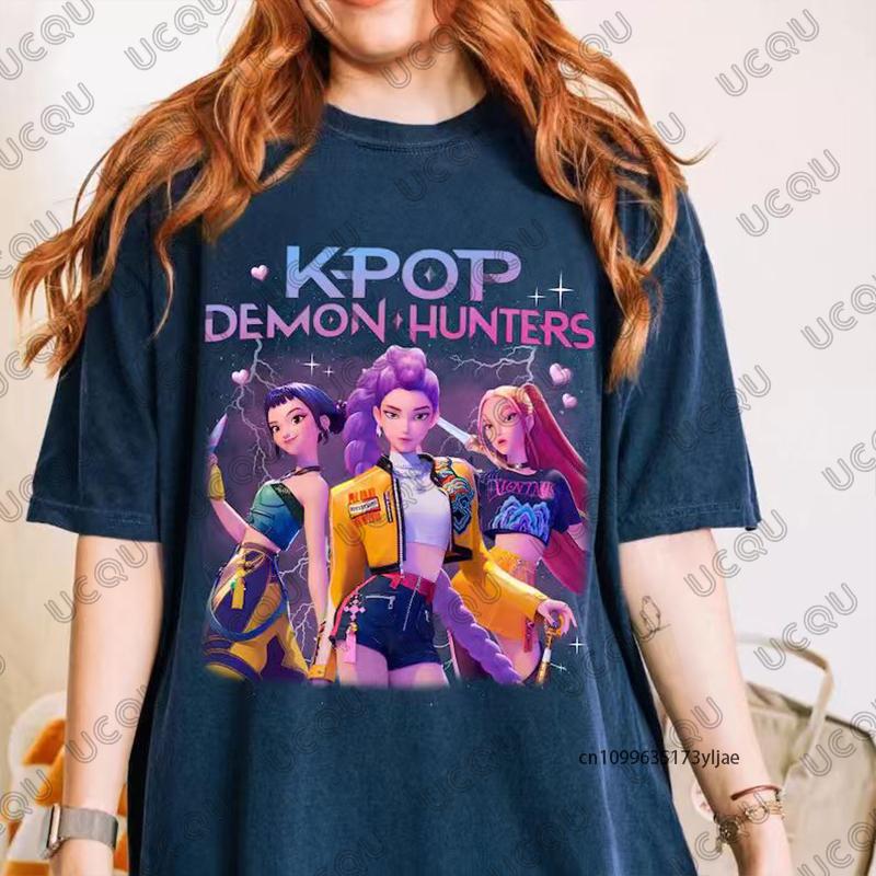 Hot Sale K-Pop Demon Hunters Print Cotton T-shirt For Women Summer Short Sleeve O-neck Tees Casual Streetwear Couple Tops
