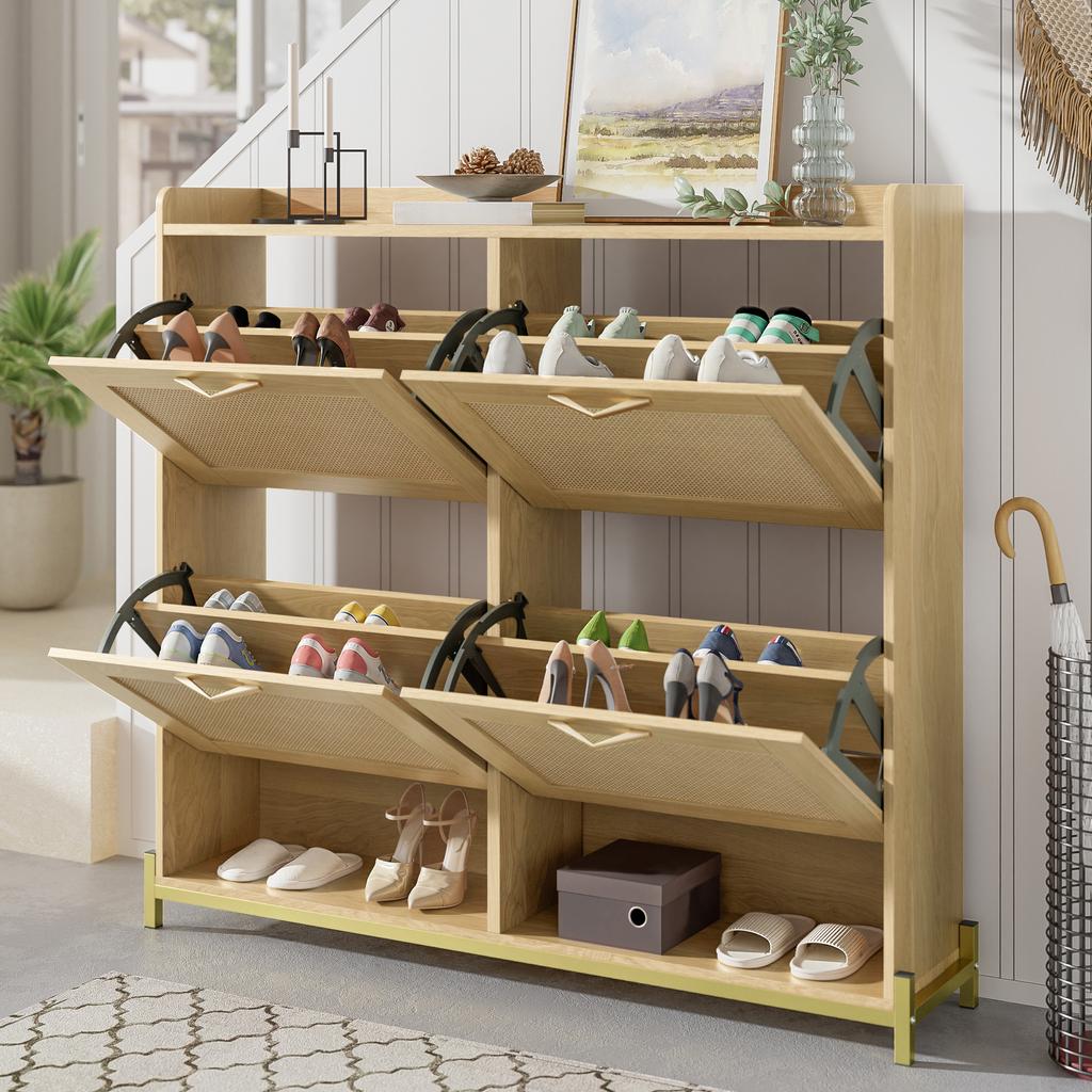 Elegant Wooden Shoe Cabinet with Rattan Doors – 4 Doors, Metal Frame and Top Shelf for Stylish and Organized Storage.
