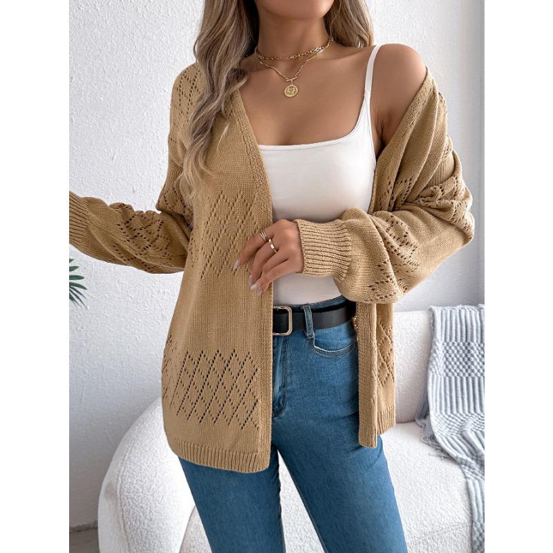 Women European American Casual Solid Hollow Out Lantern Long Sleeve Cardigan Sweater Coat
