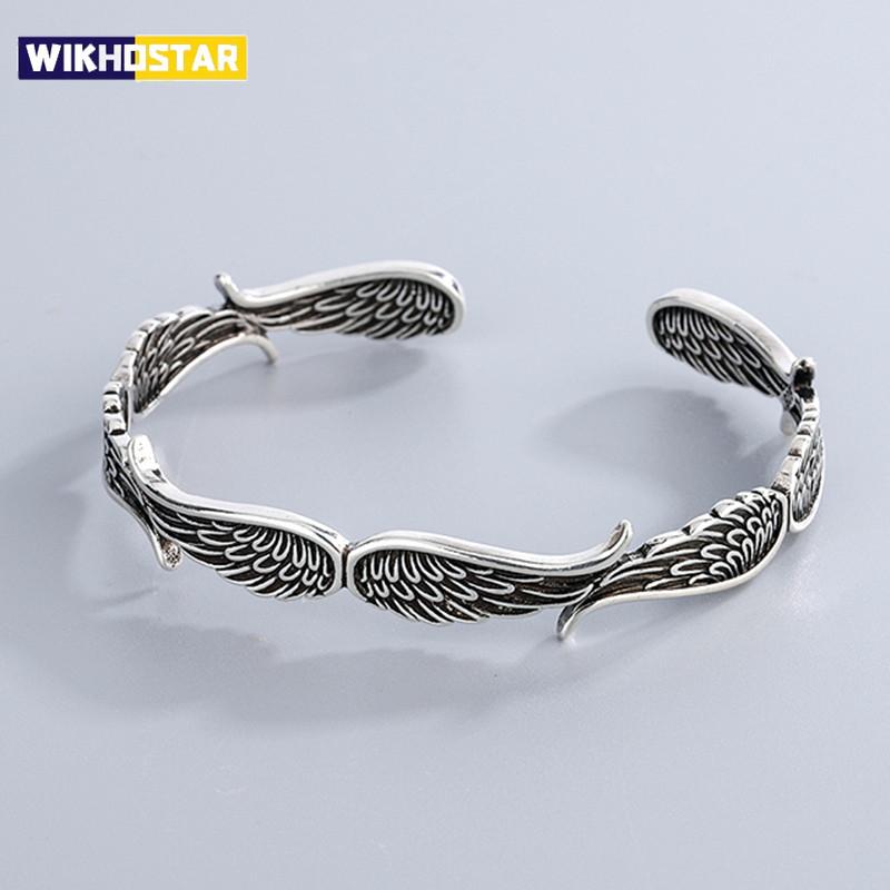 Nuovi Braccialetti alla Moda con Ali d'Angelo Gioielli in Argento Sterling 925 Argento Thai Retrò Personalità Raffinato Braccialetti Apribili TYB125