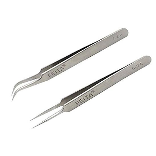 FEITA Stainless Steel Professional with Straight and Curved Heads for Eyelash Fake and Silver Tweezers, Grade, Extensions, Eyelashes, Nails,