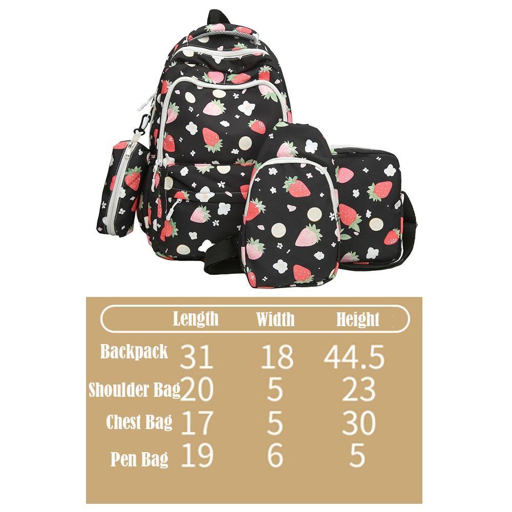 4Pcs/Set Cute Strawberry Print Backpack Large Capacity Nylon School Bag Shoulder Bag Studeng