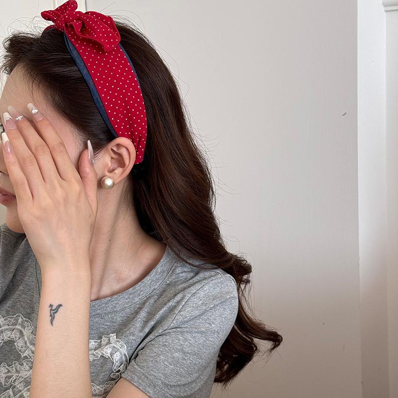 Korean-Style Sweet Polka Dot Bow Contrast Fabric Headband Ladies Makeup Sports Hair Accessory