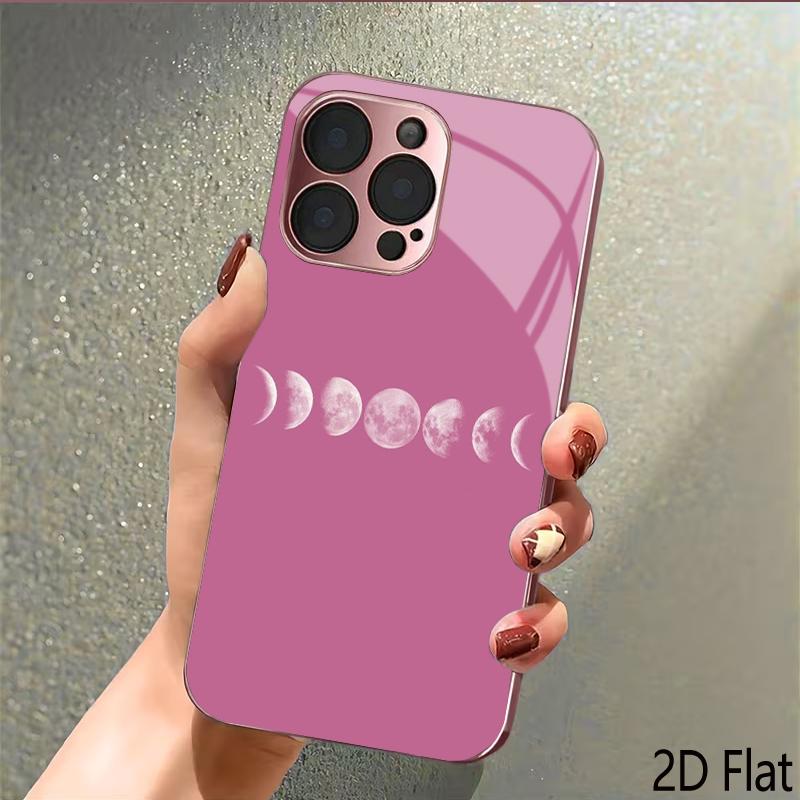 Pink and white moon 2DFlat For iPhone17 18 16 15 14 13 12 11 Pro Max XS XR 8 7Plus Phone Cover Shockproof Protective Back Cover