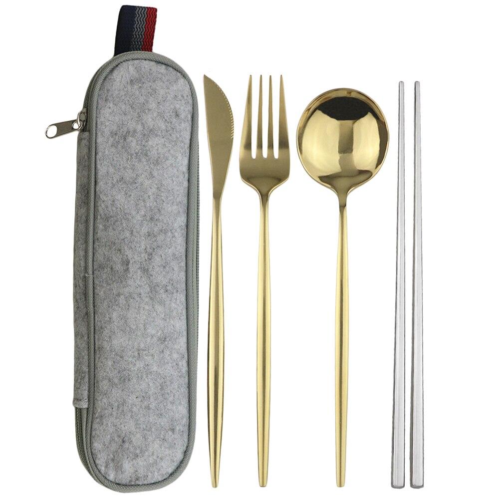 

Посуда из розового золота, набор столовых приборов для путешествий, кемпинга, нож, вилка, ложка, палочки для еды с портативной сумкой, набор посуды из нержавеющей стали шампанского