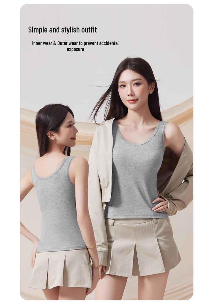 Lace Trim Strappy Tank for Women with Built-in Padding, Fixed Cups; Wear As Outerwear or Base Layer, Wide Shoulder Style.
