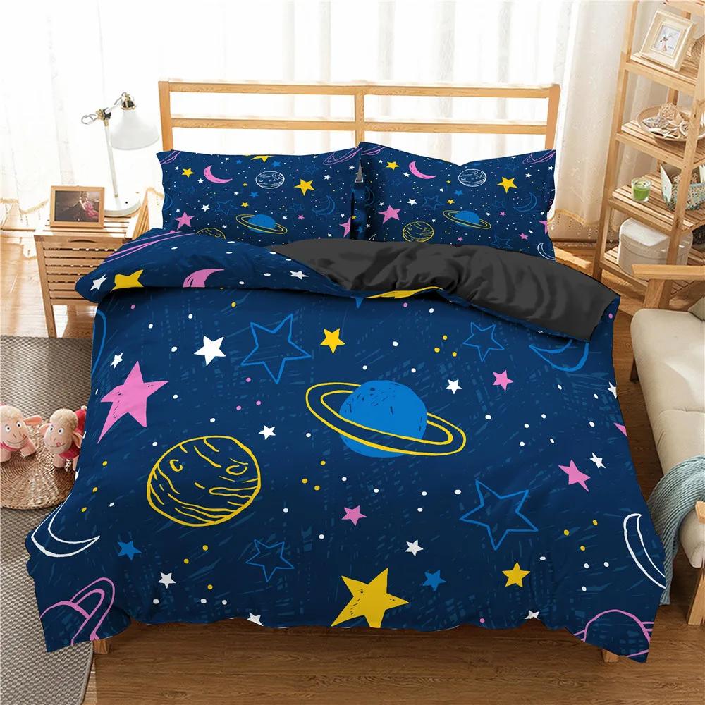Star Single Double Twin Queen Bedding Set 2/3pcs Night Sky Polyester Bed Cover Kid Duvet Cover Set Dark Blue Galaxy Bedclothes