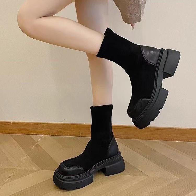 Fashion Temperament Brown Versatile Thick Heel Platform Short Boots Women's New Autumn Elastic Thin Boots